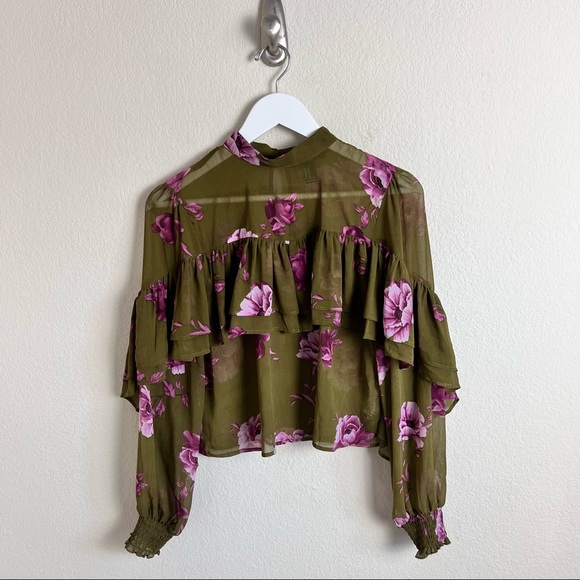 Olive Green & Fuchsia Floral Long Sleeve Ruffle Ruched Layered Blouse - Picture 2 of 13